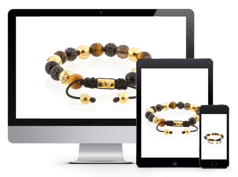 A beaded bracelet displayed on desktop, tablet and phone screens